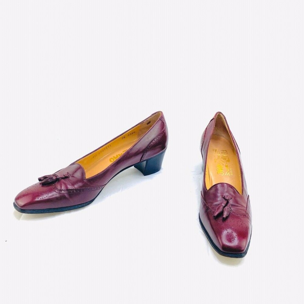 Salvatore Ferragamo Leather Womens Oxfords Burgundy Block Low Heels EUC